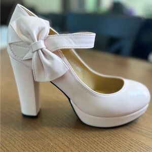 MAIERNISI JESSI Women's Platform Mary Jane Pumps with Bow, Block Heel, Pink SZ 9